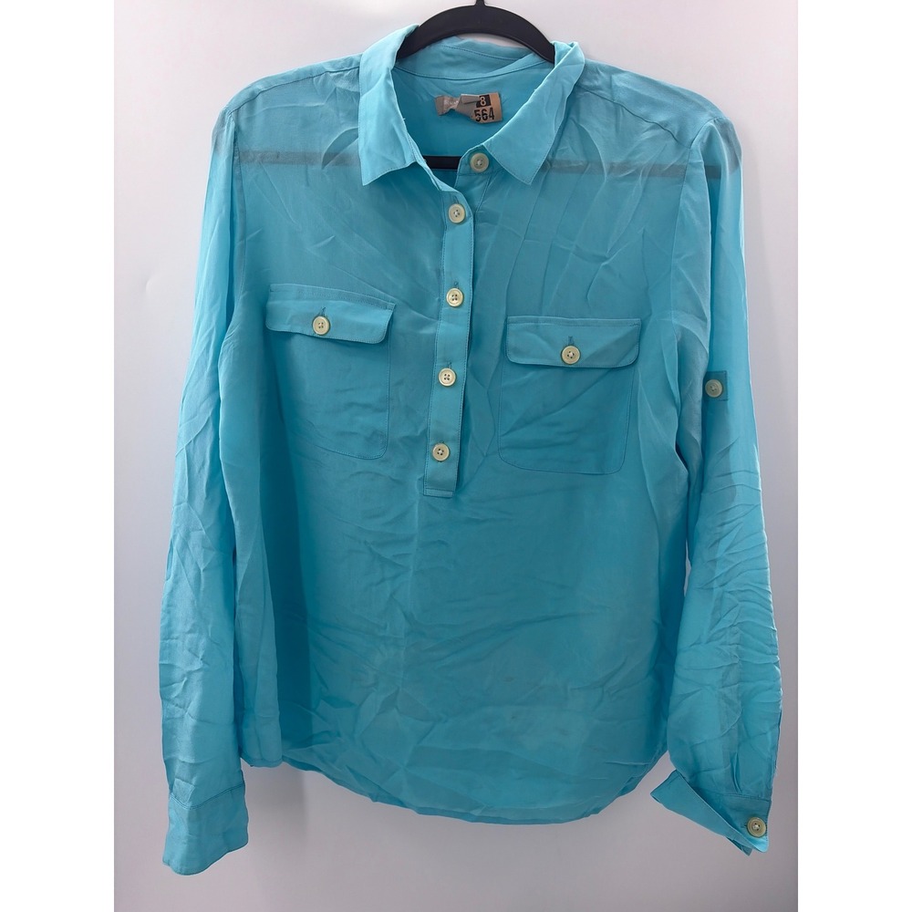 Banana Republic Silk Utility Blouse Turquoise Blue Roll Tab Sleeve Womens L